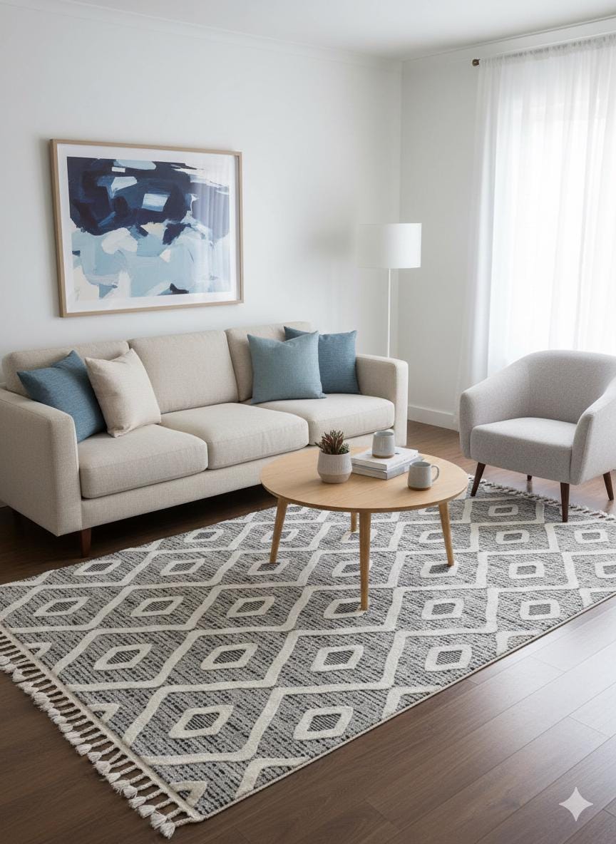 Cream Textured Geometric Carpet with Tassels, Minimalist Scandi Home Decor, Neutral Living Room Rug.