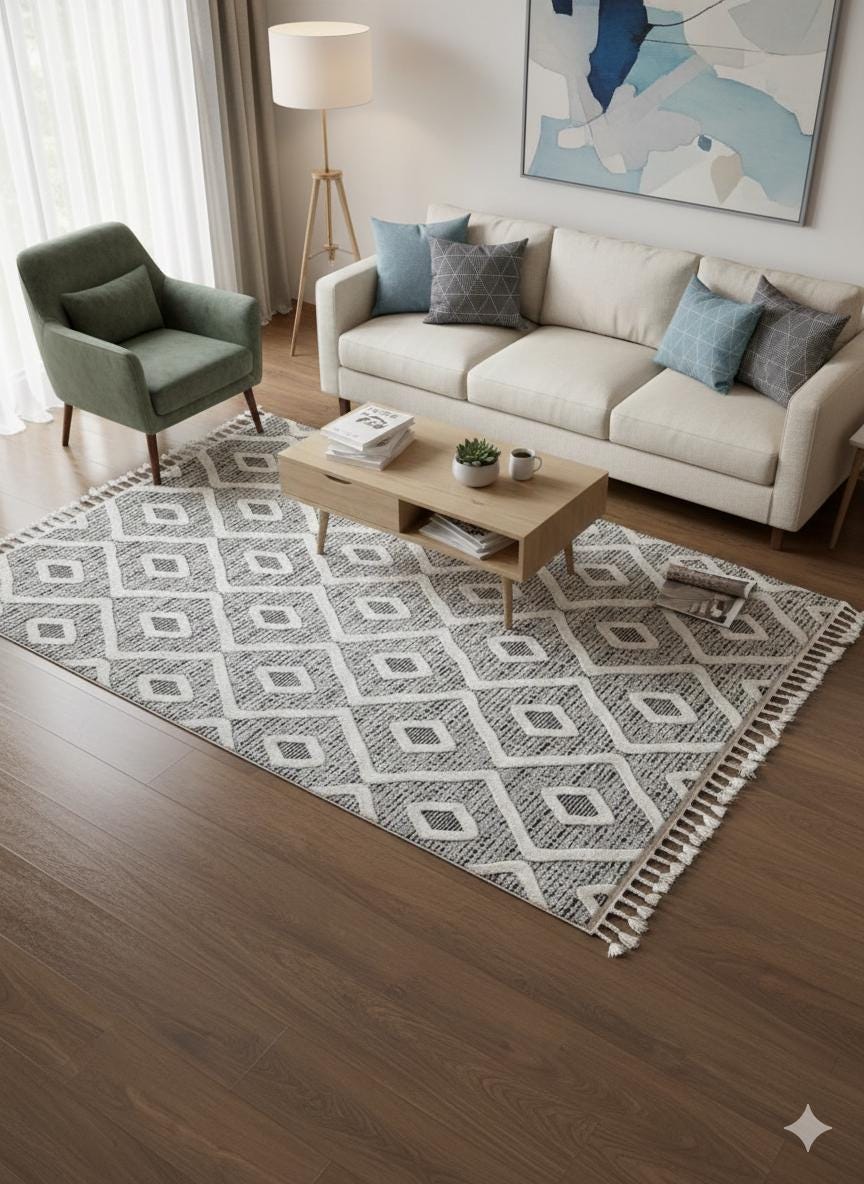 Cream Textured Geometric Carpet with Tassels, Minimalist Scandi Home Decor, Neutral Living Room Rug.
