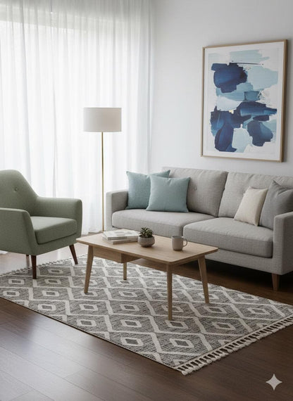 Cream Textured Geometric Carpet with Tassels, Minimalist Scandi Home Decor, Neutral Living Room Rug.