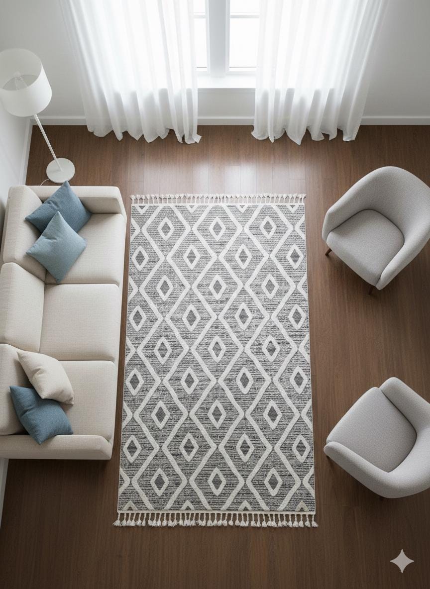 Cream Textured Geometric Carpet with Tassels, Minimalist Scandi Home Decor, Neutral Living Room Rug.