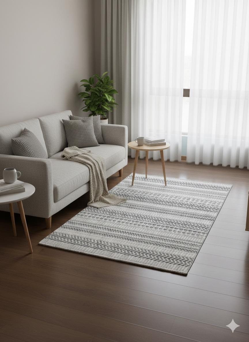 Cream Textured Geometric Carpet with Tassels, Minimalist Scandi Home Decor, Neutral Living Room Rug.