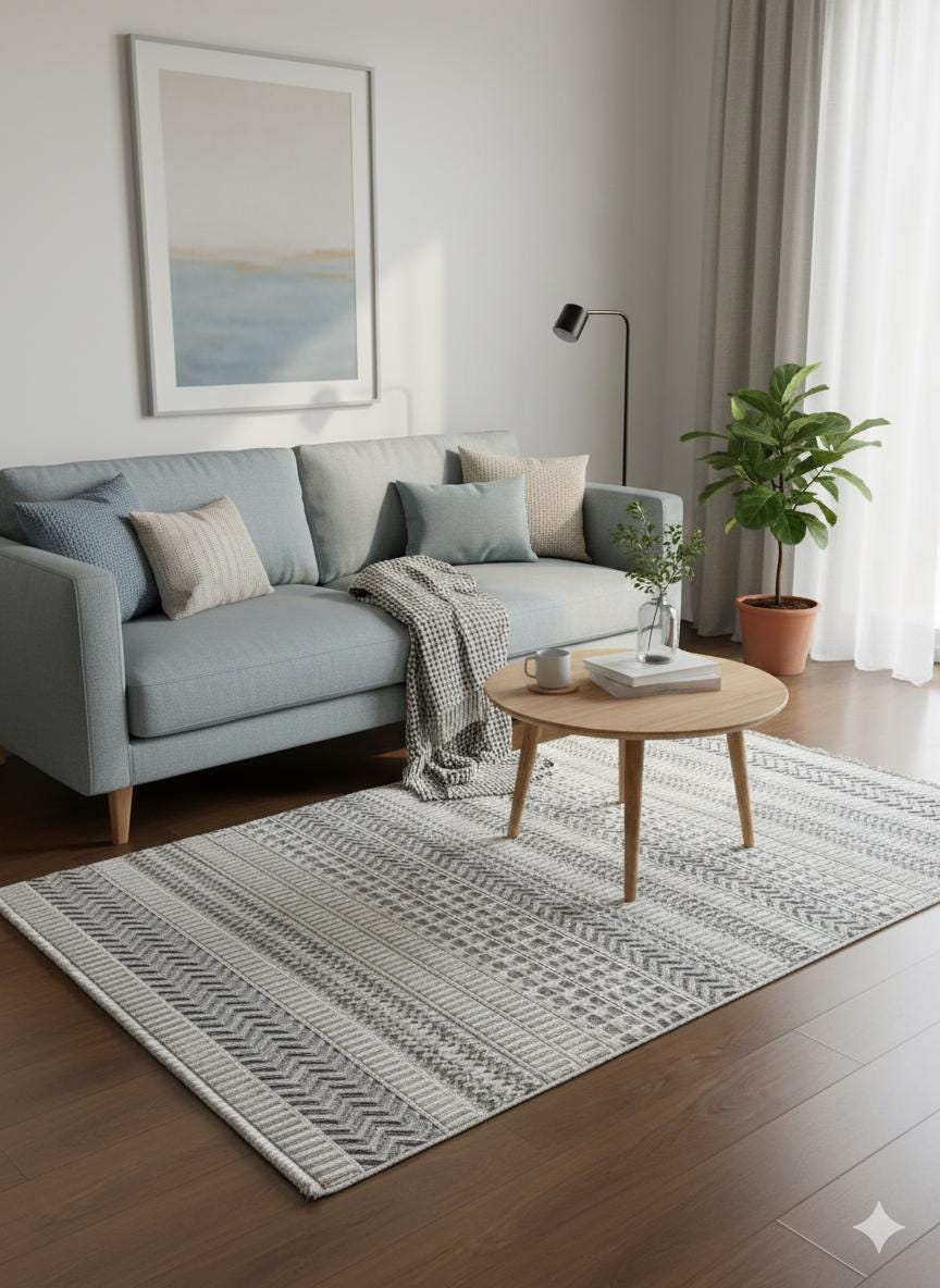 Cream Textured Geometric Carpet with Tassels, Minimalist Scandi Home Decor, Neutral Living Room Rug.