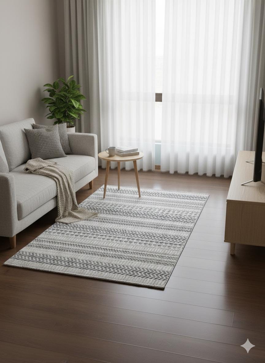 Cream Textured Geometric Carpet with Tassels, Minimalist Scandi Home Decor, Neutral Living Room Rug.