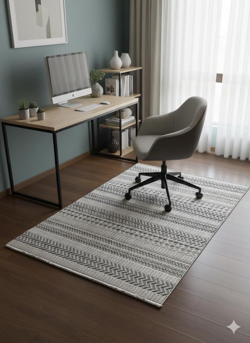 Cream Textured Geometric Carpet with Tassels, Minimalist Scandi Home Decor, Neutral Living Room Rug.