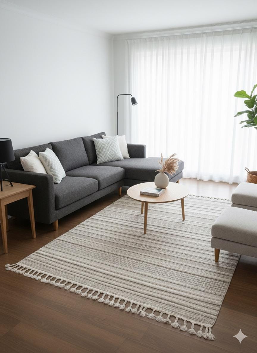 Cream Textured Geometric Carpet with Tassels, Minimalist Scandi Home Decor, Neutral Living Room Rug.