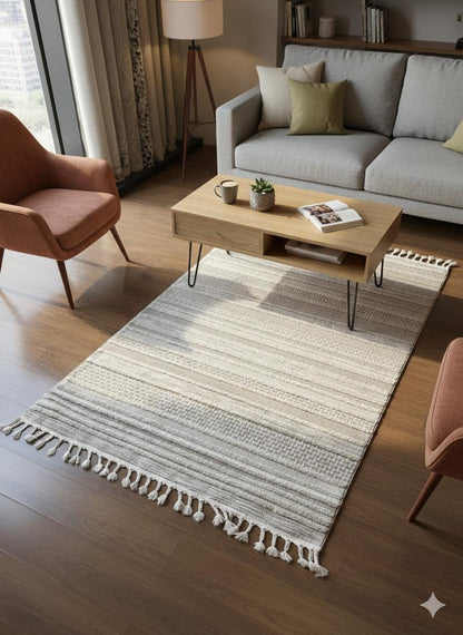 Cream Textured Geometric Carpet with Tassels, Minimalist Scandi Home Decor, Neutral Living Room Rug.