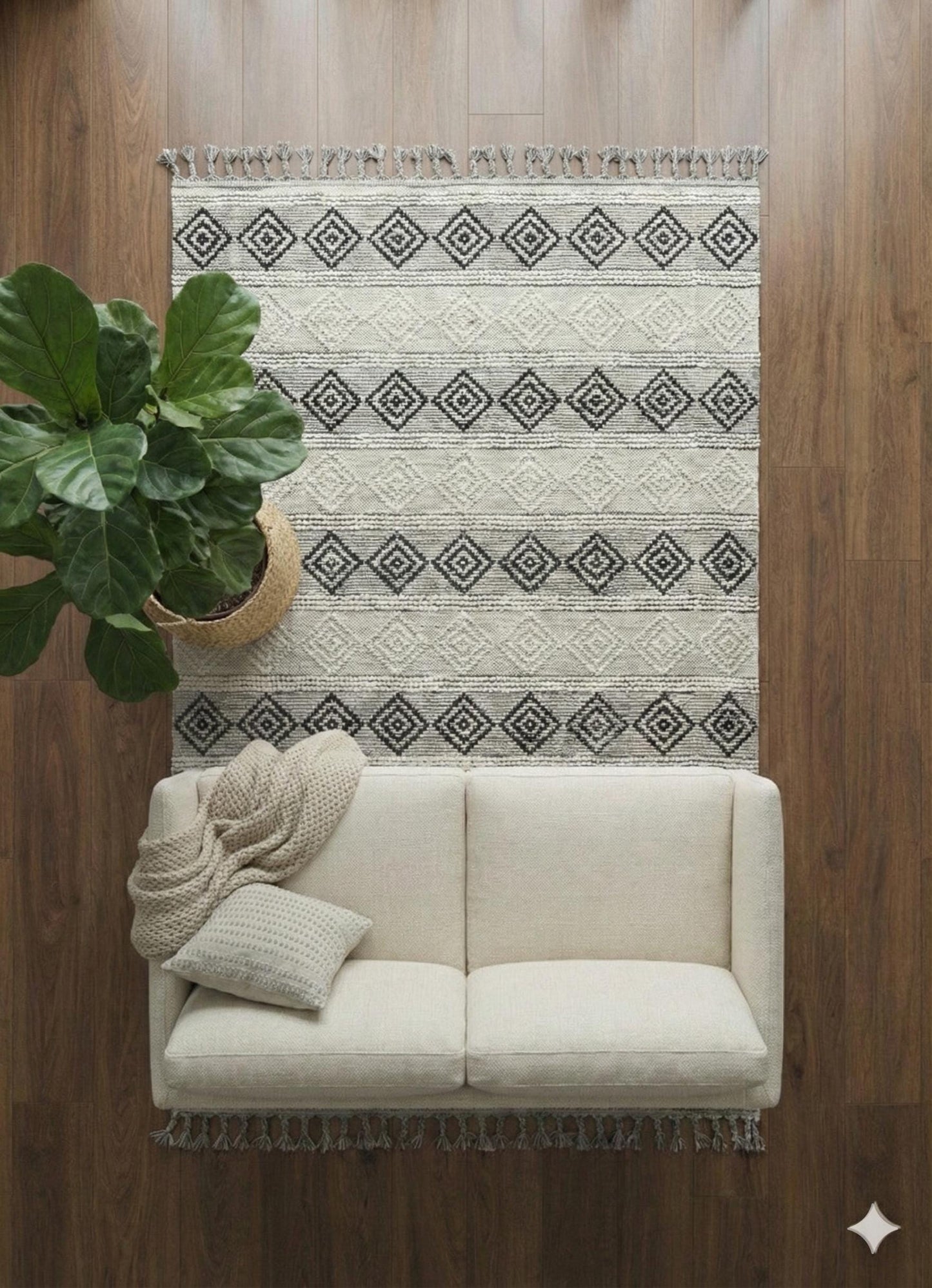 Cream Textured Geometric Carpet with Tassels, Minimalist Scandi Home Decor, Neutral Living Room Rug.