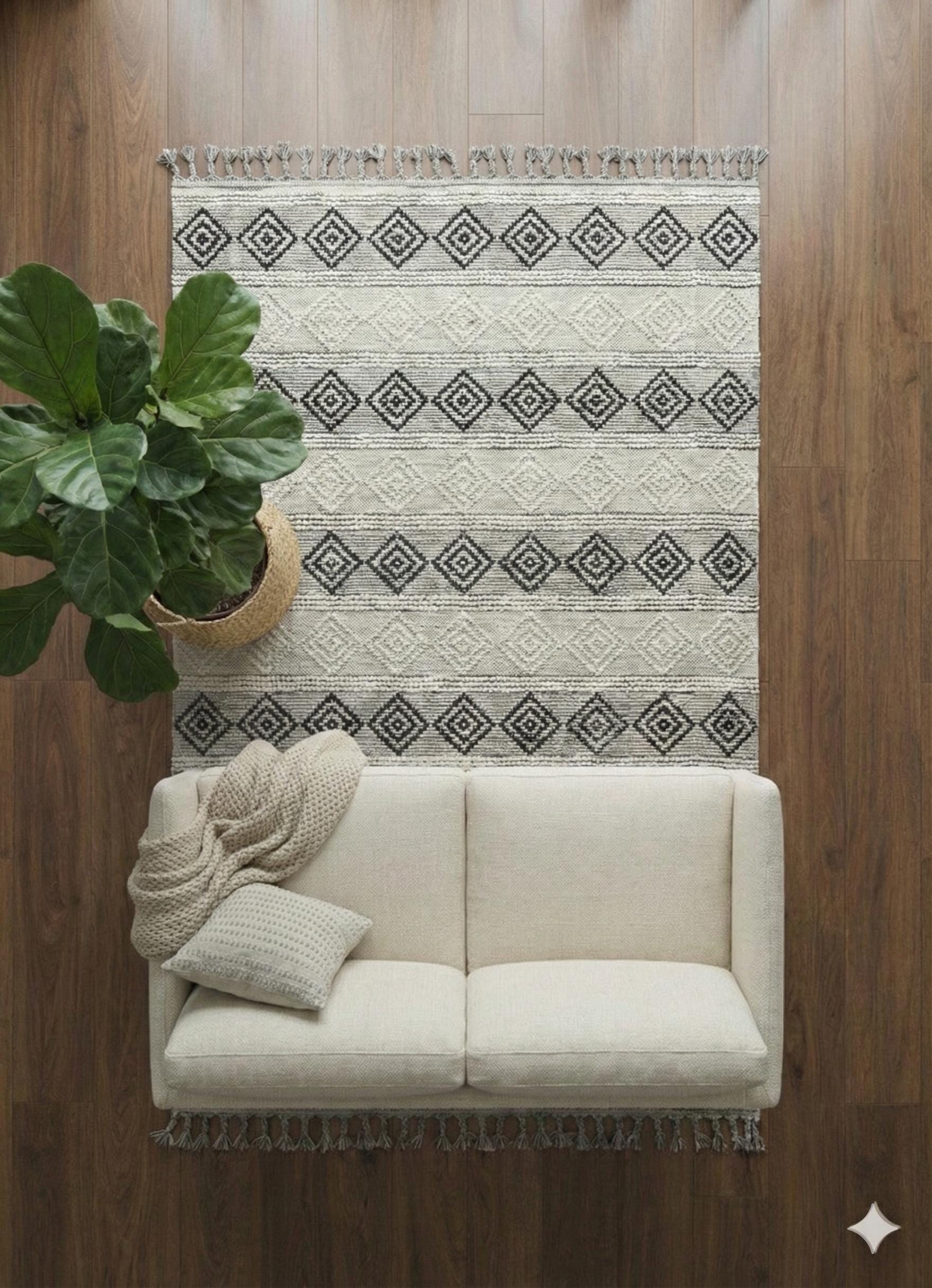 Cream Textured Geometric Carpet with Tassels, Minimalist Scandi Home Decor, Neutral Living Room Rug.
