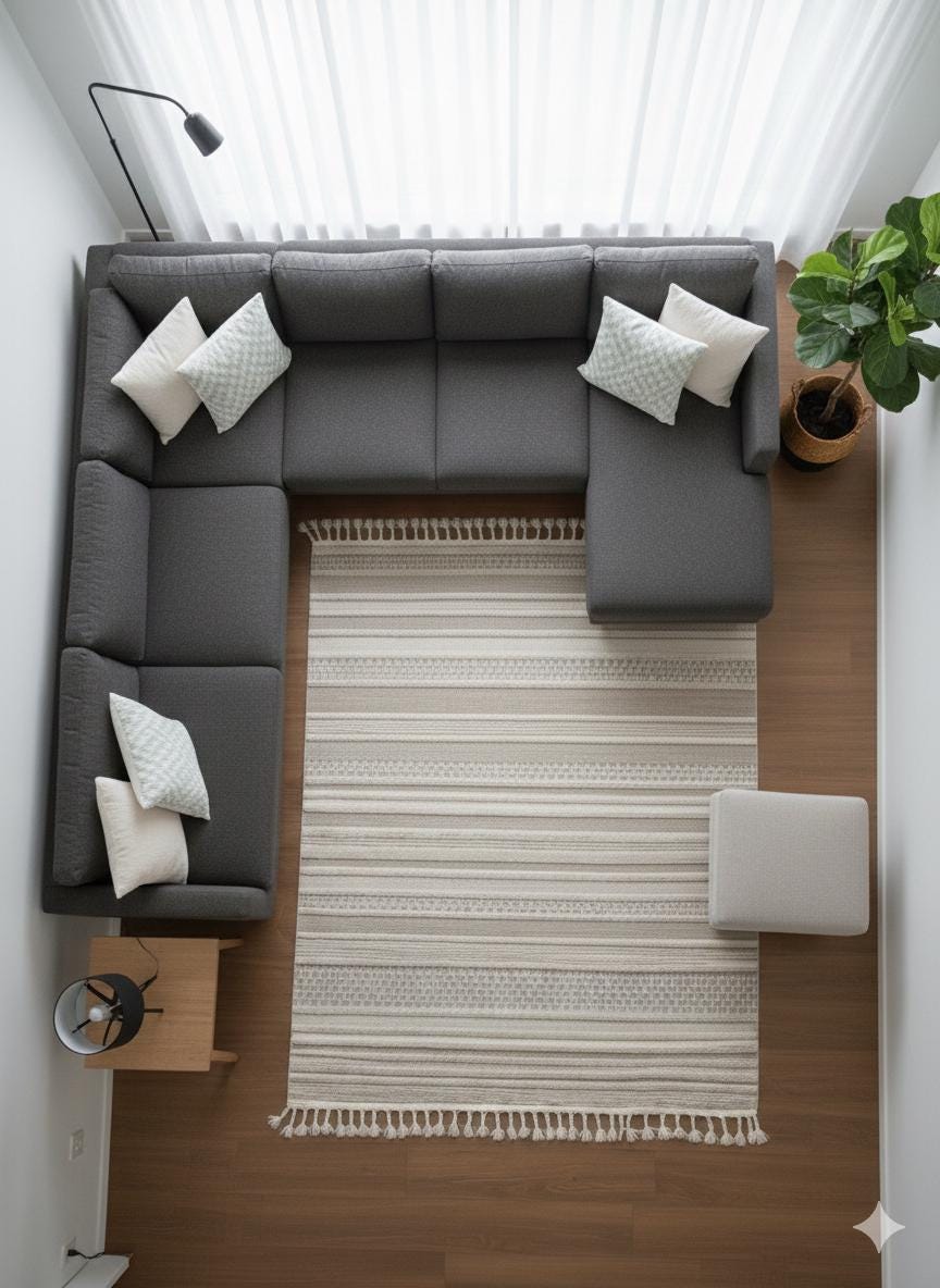 Cream Textured Geometric Carpet with Tassels, Minimalist Scandi Home Decor, Neutral Living Room Rug.