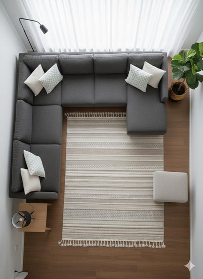 Cream Textured Geometric Carpet with Tassels, Minimalist Scandi Home Decor, Neutral Living Room Rug.