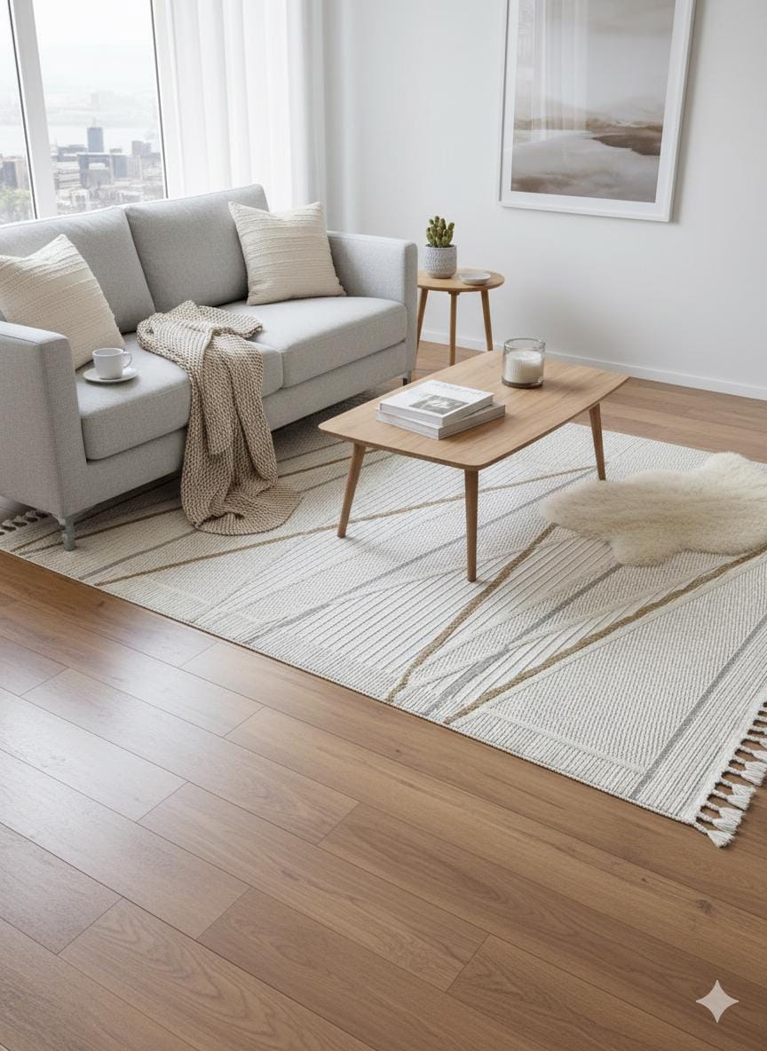 Cream Textured Geometric Carpet with Tassels, Minimalist Scandi Home Decor, Neutral Living Room Rug.