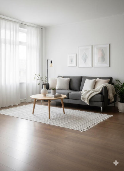 Cream Textured Geometric Carpet with Tassels, Minimalist Scandi Home Decor, Neutral Living Room Rug.