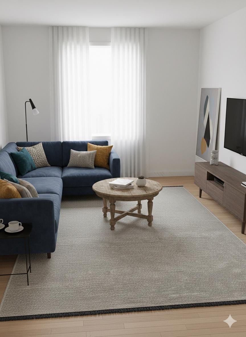 Cream Textured Geometric Carpet with Tassels, Minimalist Scandi Home Decor, Neutral Living Room Rug.