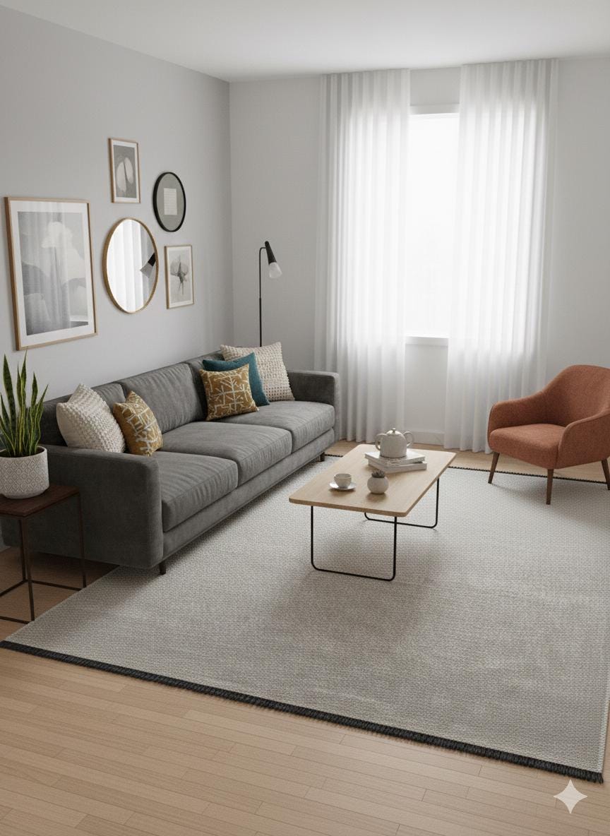 Cream Textured Geometric Carpet with Tassels, Minimalist Scandi Home Decor, Neutral Living Room Rug.