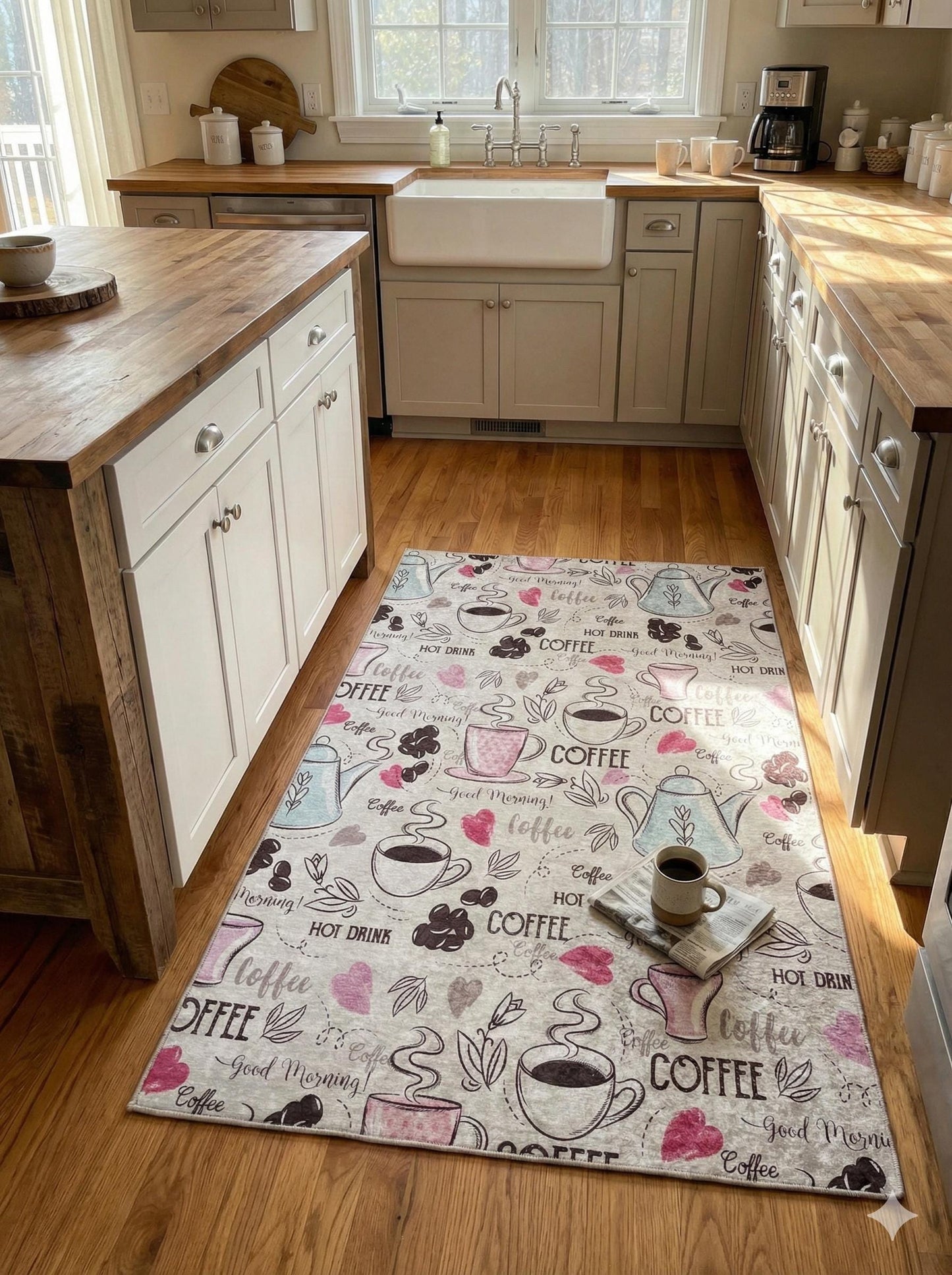 Pink Teal Coffee Cafe Area Rug – Whimsical Morning Kitchen Mat