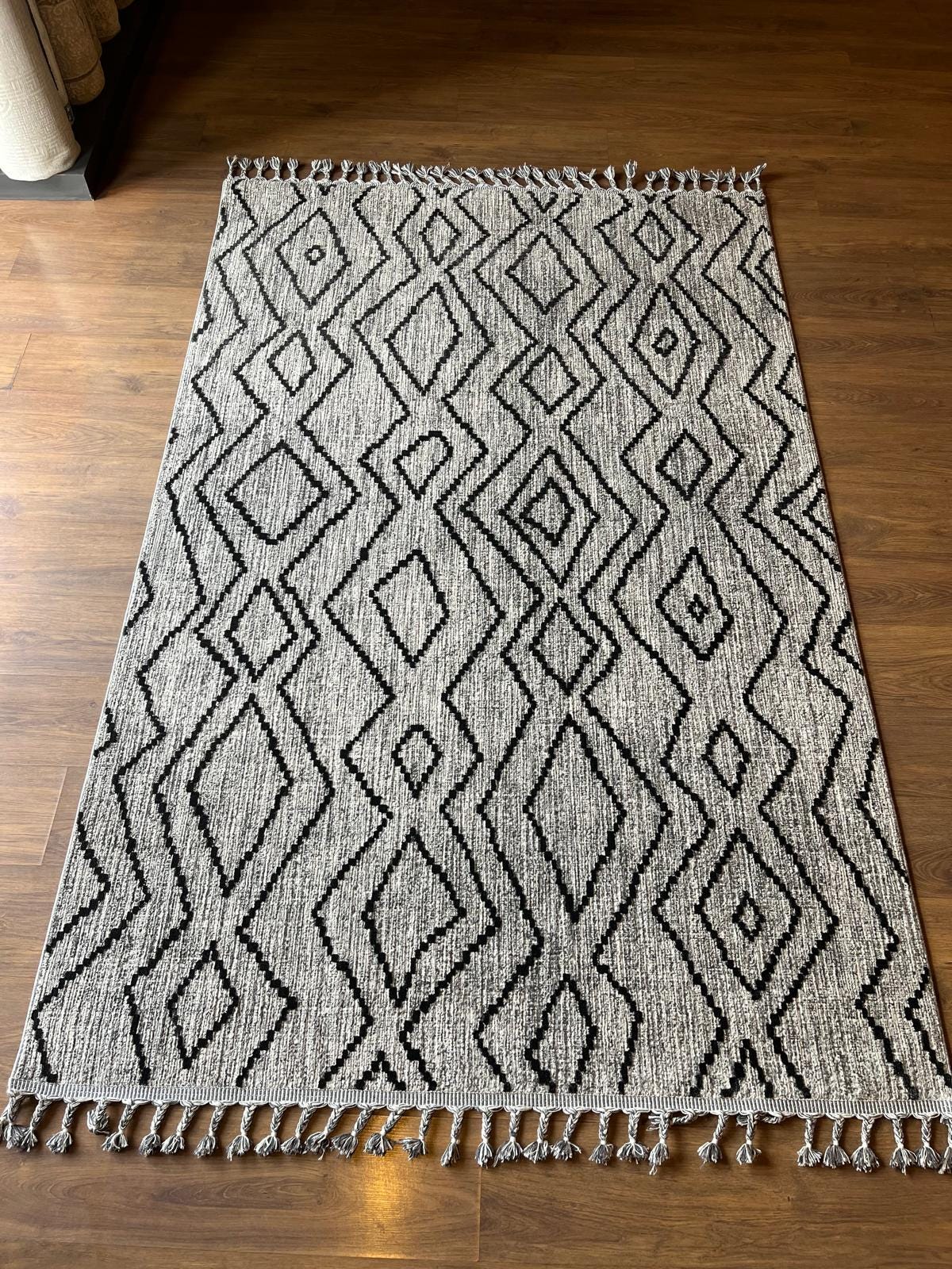 Gray Textured Geometric Carpet with Tassels, Minimalist Scandi Home Decor, Neutral Living Room Rug.