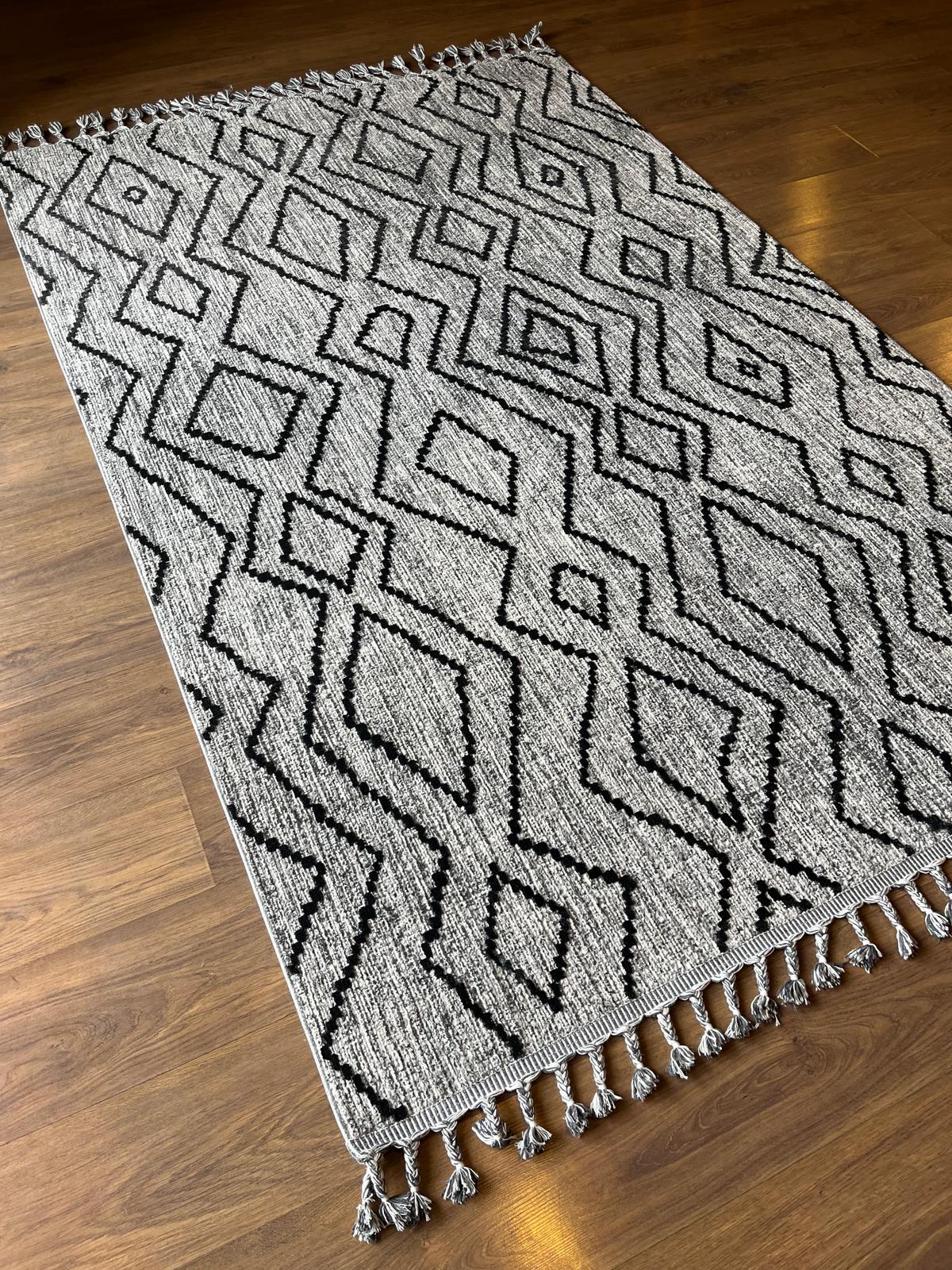 Gray Textured Geometric Carpet with Tassels, Minimalist Scandi Home Decor, Neutral Living Room Rug.