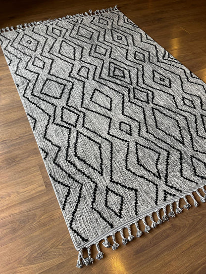 Gray Textured Geometric Carpet with Tassels, Minimalist Scandi Home Decor, Neutral Living Room Rug.