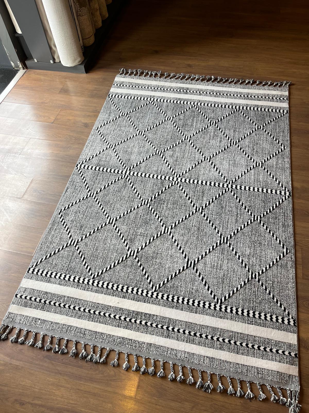 Gray Textured Geometric Carpet with Tassels, Minimalist Scandi Home Decor, Neutral Living Room Rug.