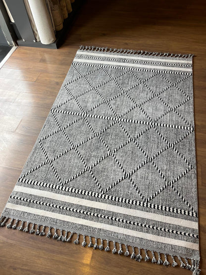 Gray Textured Geometric Carpet with Tassels, Minimalist Scandi Home Decor, Neutral Living Room Rug.