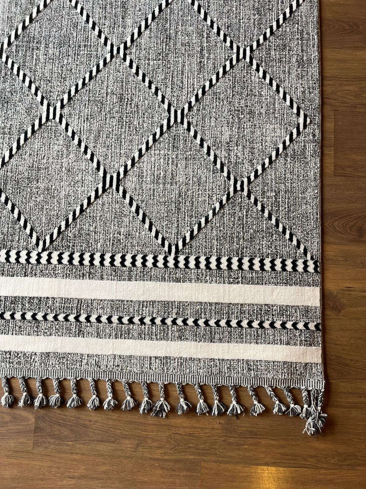 Gray Textured Geometric Carpet with Tassels, Minimalist Scandi Home Decor, Neutral Living Room Rug.