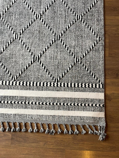Gray Textured Geometric Carpet with Tassels, Minimalist Scandi Home Decor, Neutral Living Room Rug.