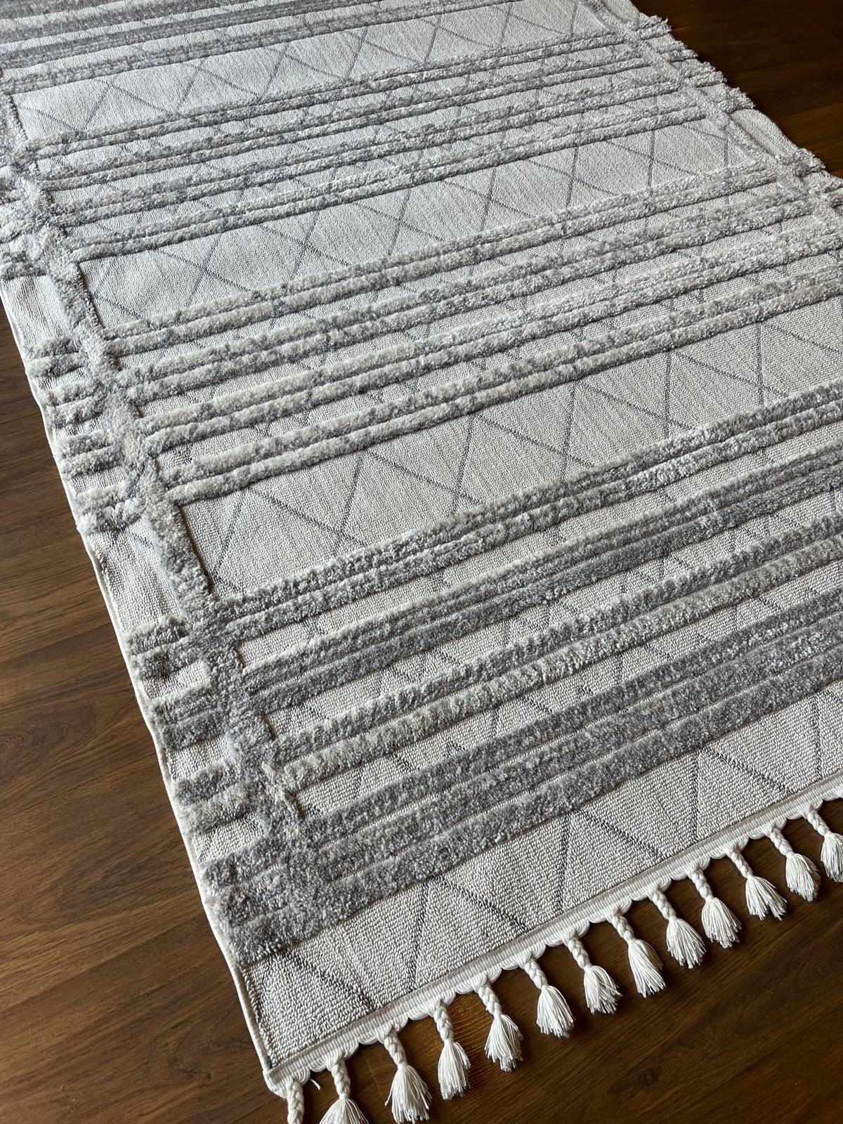 Gray Textured Geometric Carpet with Tassels, Minimalist Scandi Home Decor, Neutral Living Room Rug.