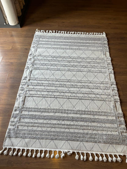 Gray Textured Geometric Carpet with Tassels, Minimalist Scandi Home Decor, Neutral Living Room Rug.