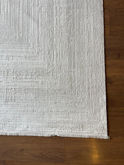 Modern White Texture Rug, 5x7 Cream Contemporary Area Carpet (160x230cm)