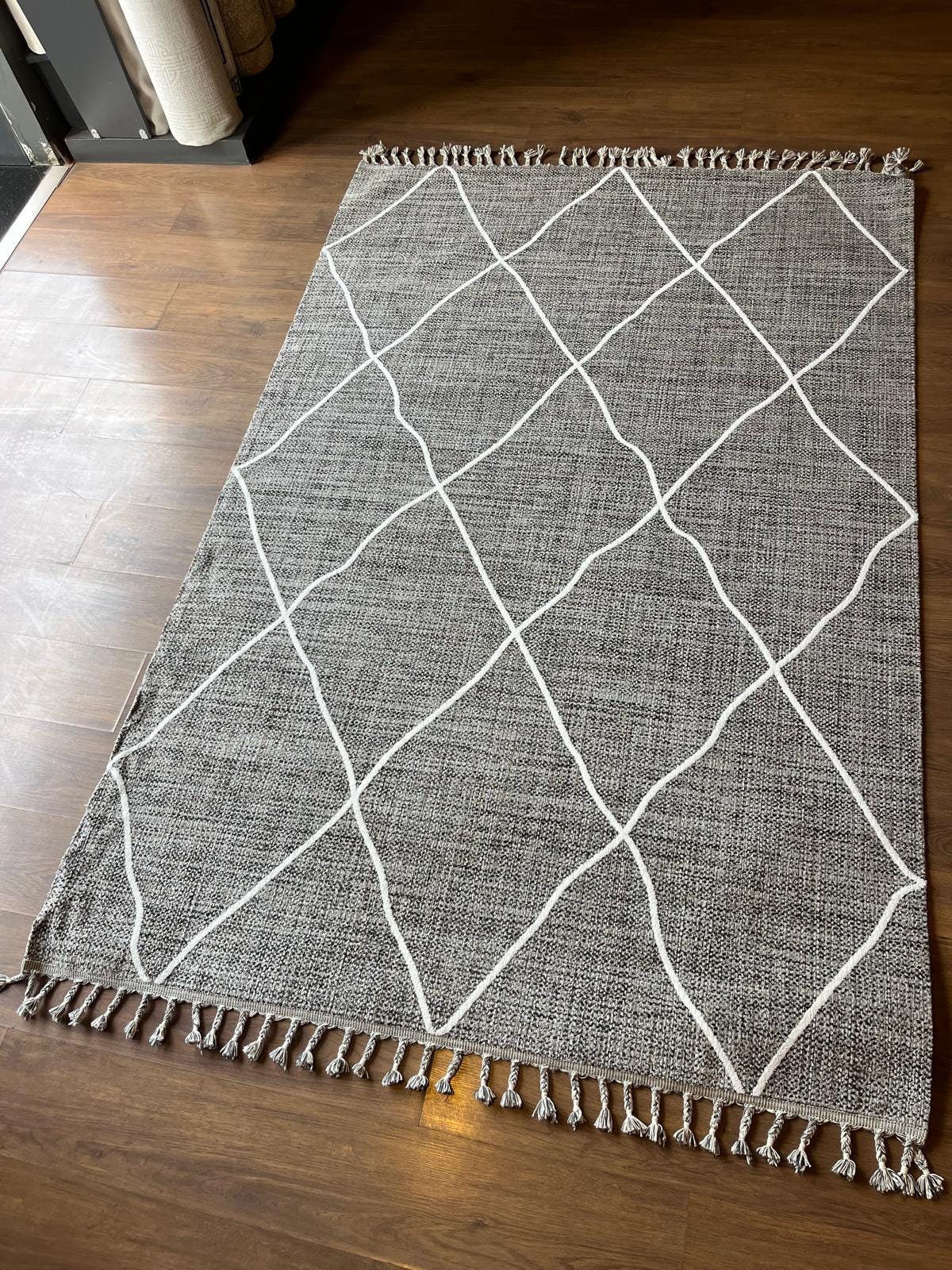 Gray Textured Geometric Carpet with Tassels, Minimalist Scandi Home Decor, Neutral Living Room Rug.