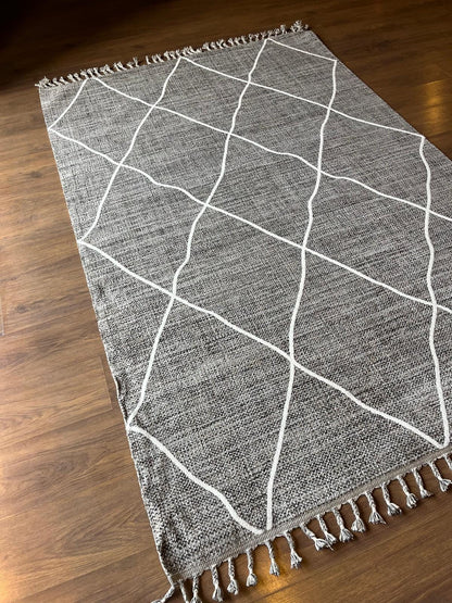 Gray Textured Geometric Carpet with Tassels, Minimalist Scandi Home Decor, Neutral Living Room Rug.