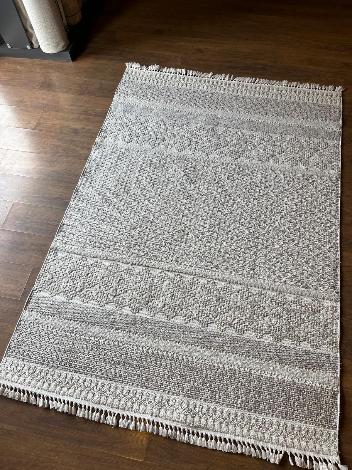Cream Textured Geometric Carpet with Tassels, Minimalist Scandi Home Decor, Neutral Living Room Rug.