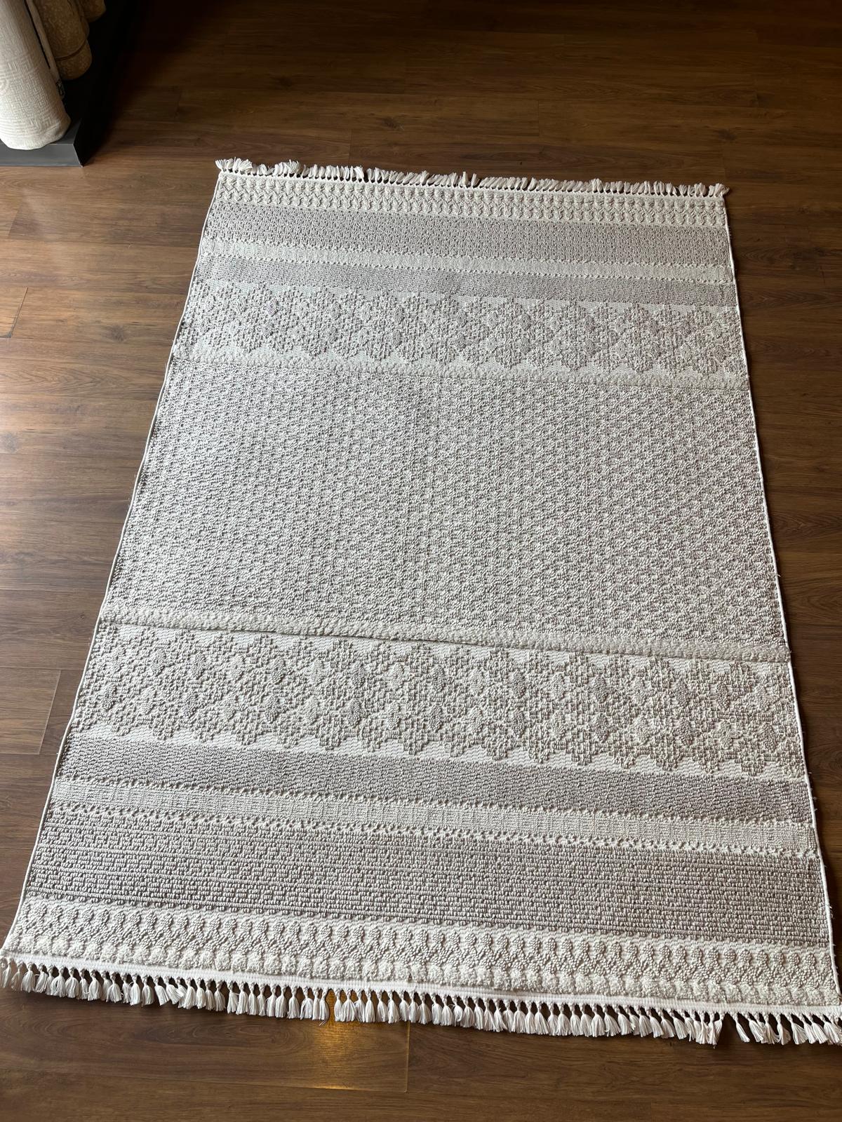 Cream Textured Geometric Carpet with Tassels, Minimalist Scandi Home Decor, Neutral Living Room Rug.