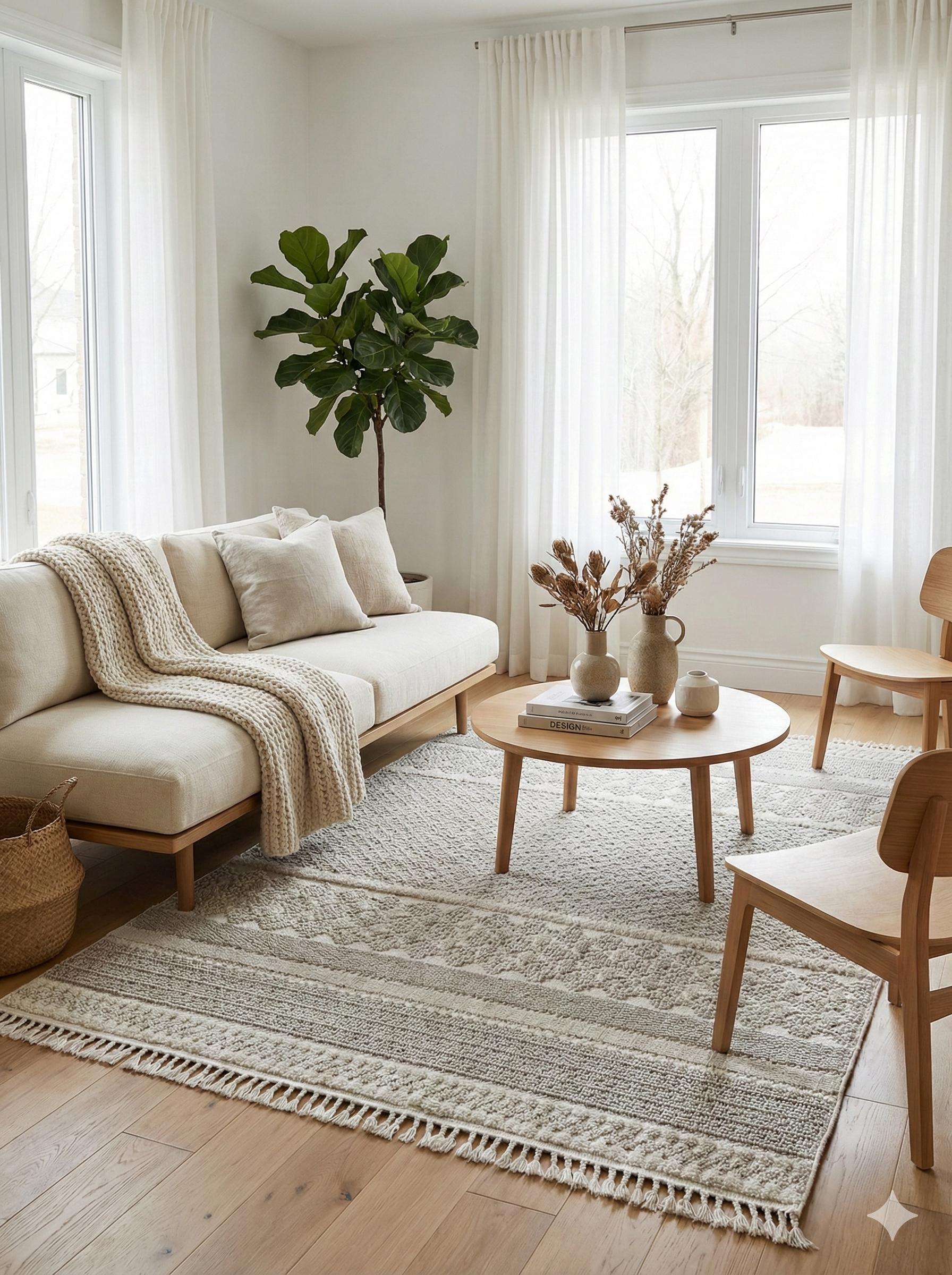 Cream Textured Geometric Carpet with Tassels, Minimalist Scandi Home Decor, Neutral Living Room Rug.