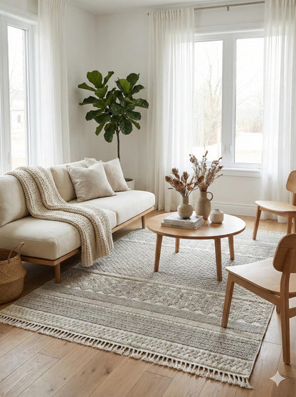 Cream Textured Geometric Carpet with Tassels, Minimalist Scandi Home Decor, Neutral Living Room Rug.