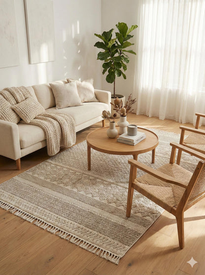 Cream Textured Geometric Carpet with Tassels, Minimalist Scandi Home Decor, Neutral Living Room Rug.