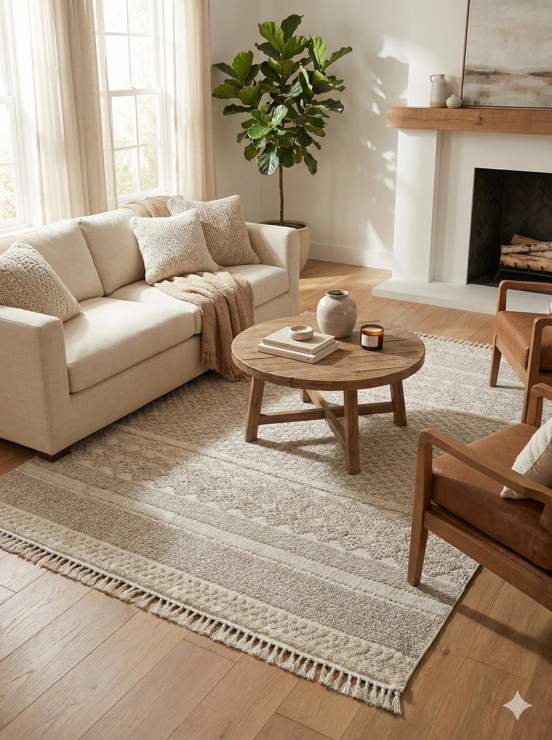 Cream Textured Geometric Carpet with Tassels, Minimalist Scandi Home Decor, Neutral Living Room Rug.