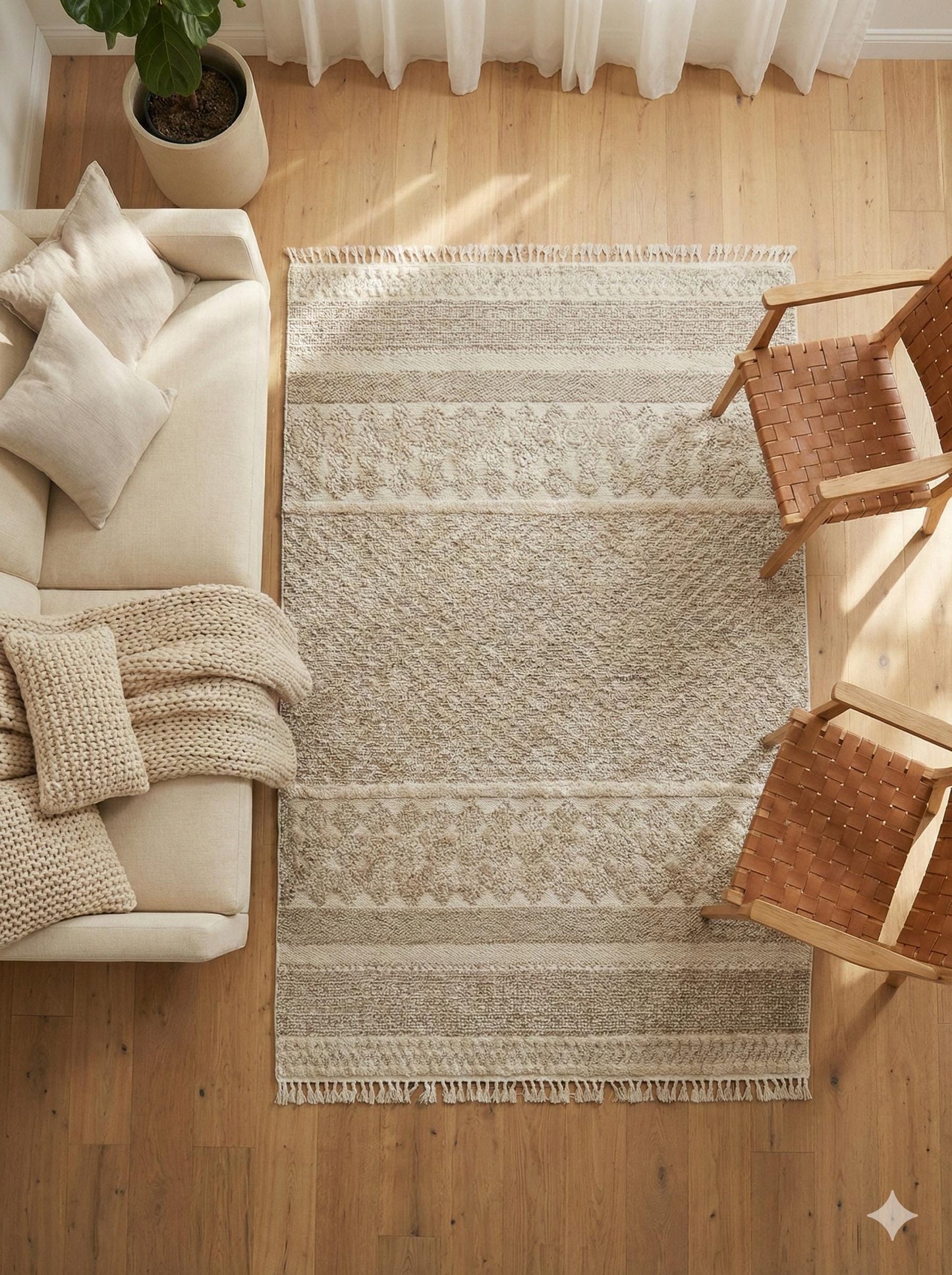Cream Textured Geometric Carpet with Tassels, Minimalist Scandi Home Decor, Neutral Living Room Rug.