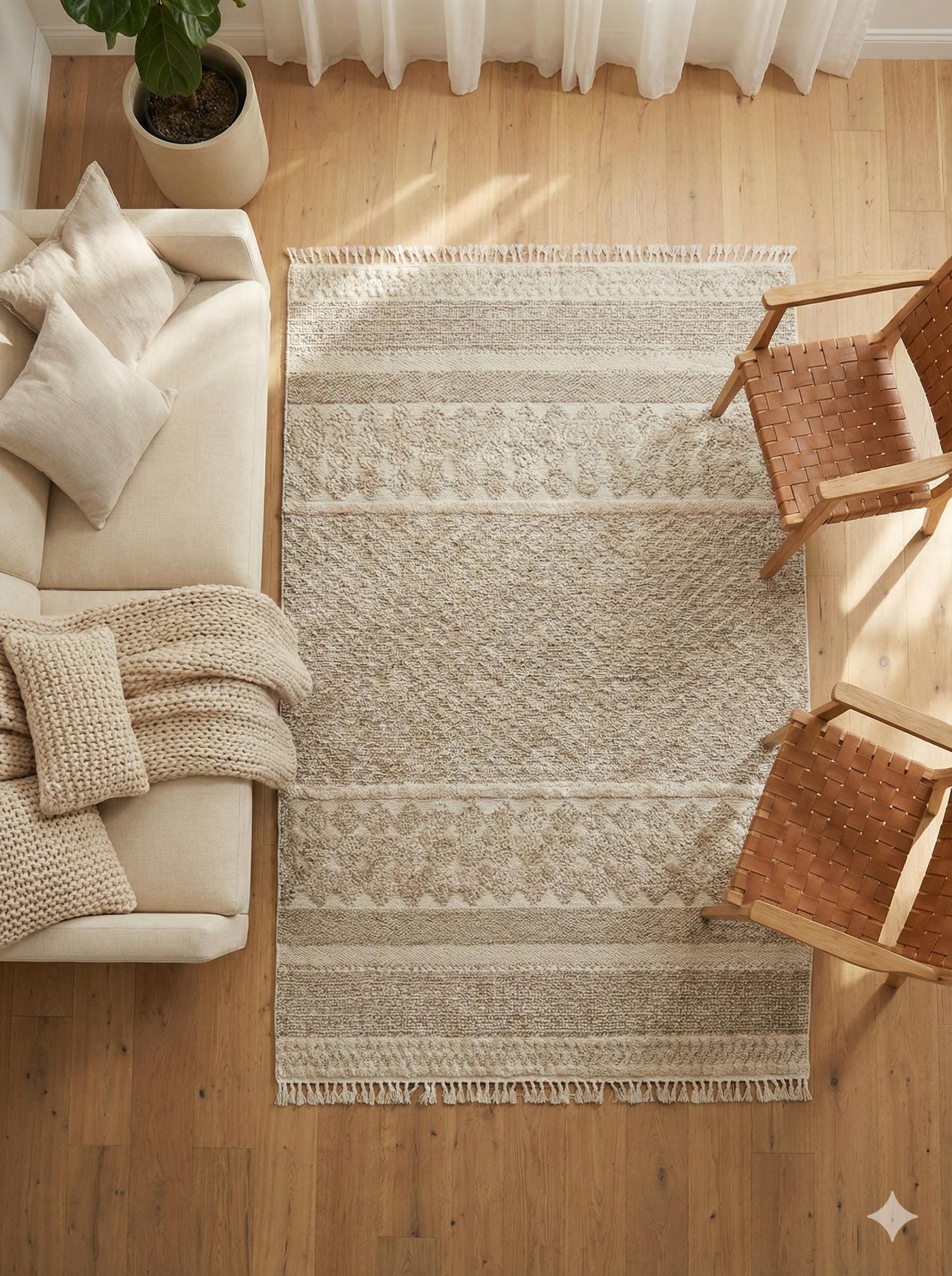 Cream Textured Geometric Carpet with Tassels, Minimalist Scandi Home Decor, Neutral Living Room Rug.