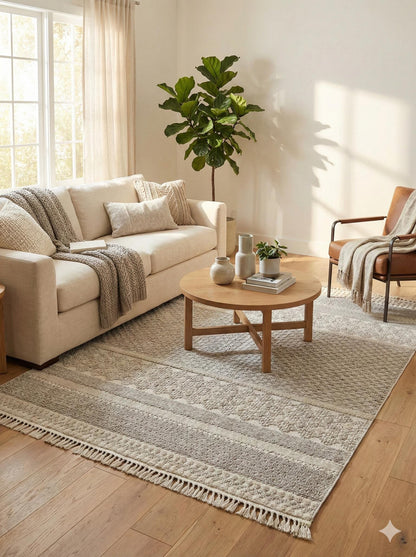 Cream Textured Geometric Carpet with Tassels, Minimalist Scandi Home Decor, Neutral Living Room Rug.