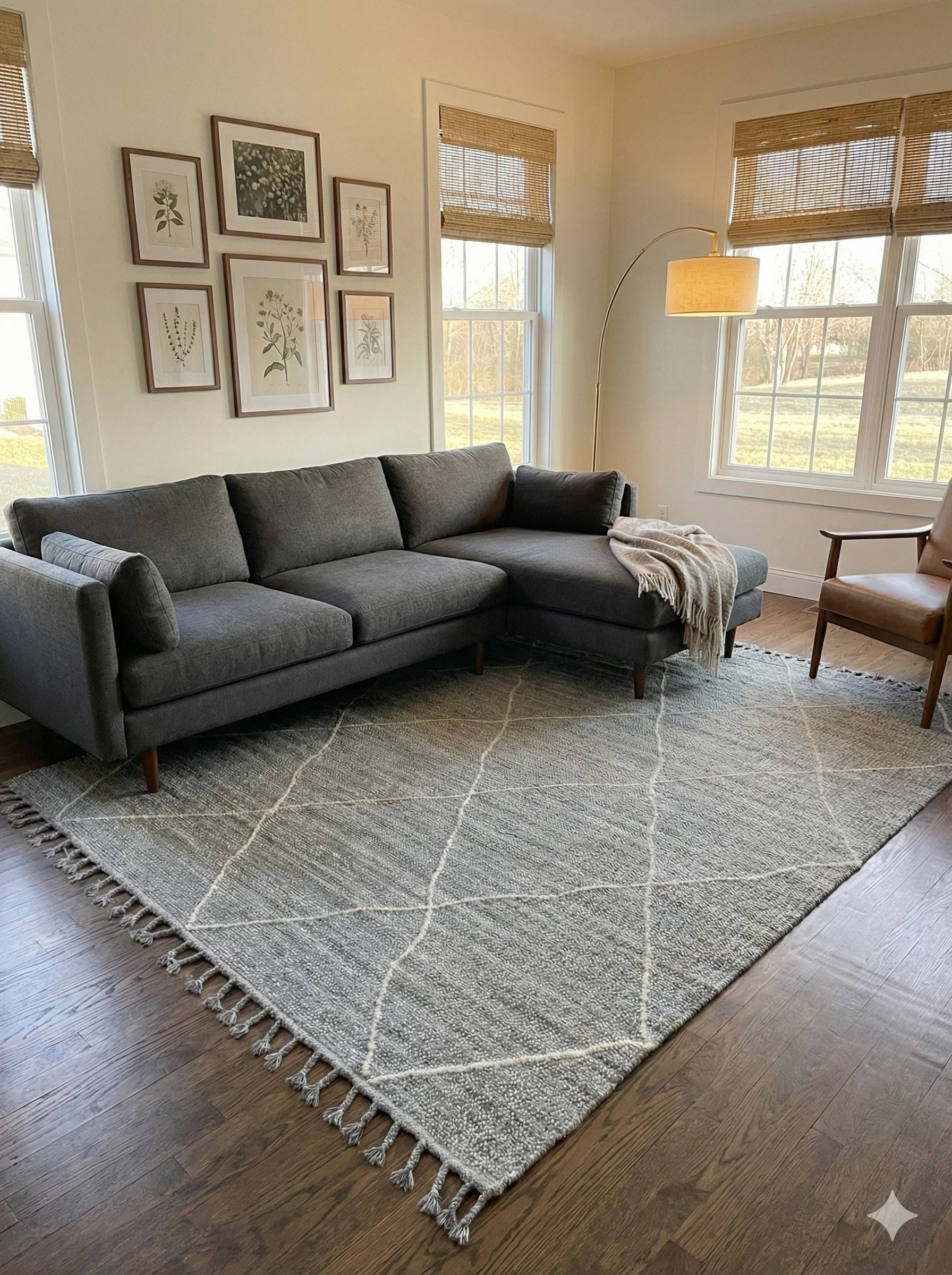 Gray Textured Geometric Carpet with Tassels, Minimalist Scandi Home Decor, Neutral Living Room Rug.