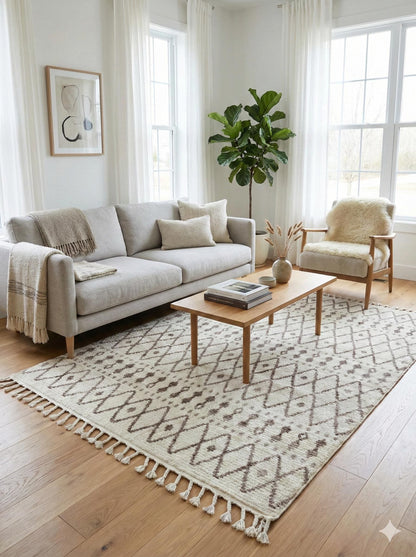 Cream Textured Geometric Carpet with Tassels, Minimalist Scandi Home Decor, Neutral Living Room Rug.