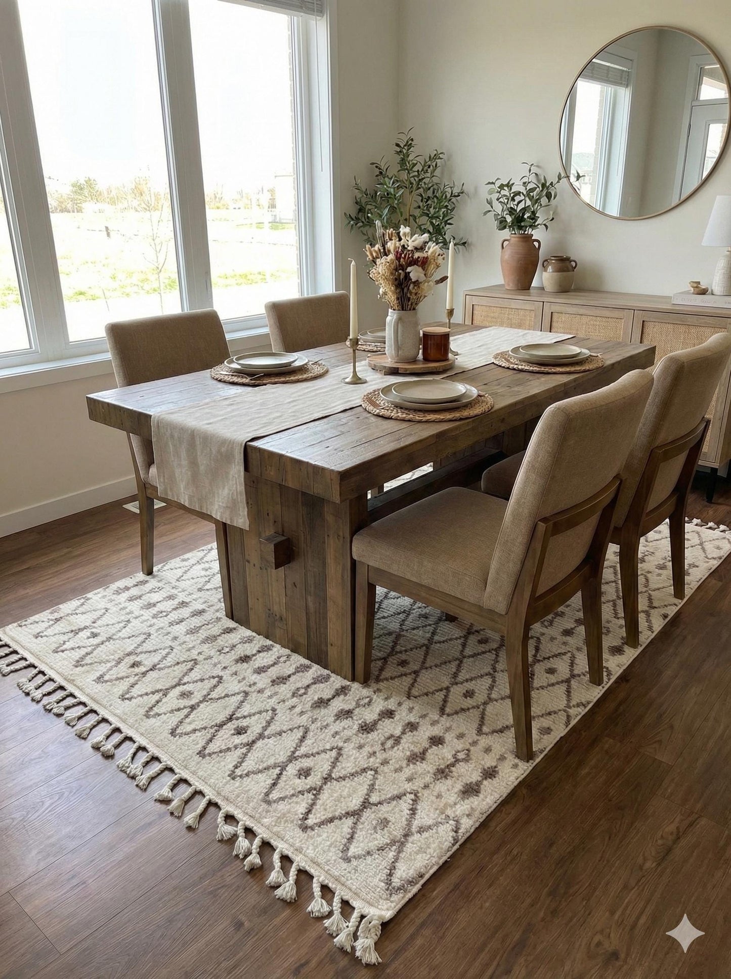Cream Textured Geometric Carpet with Tassels, Minimalist Scandi Home Decor, Neutral Living Room Rug.