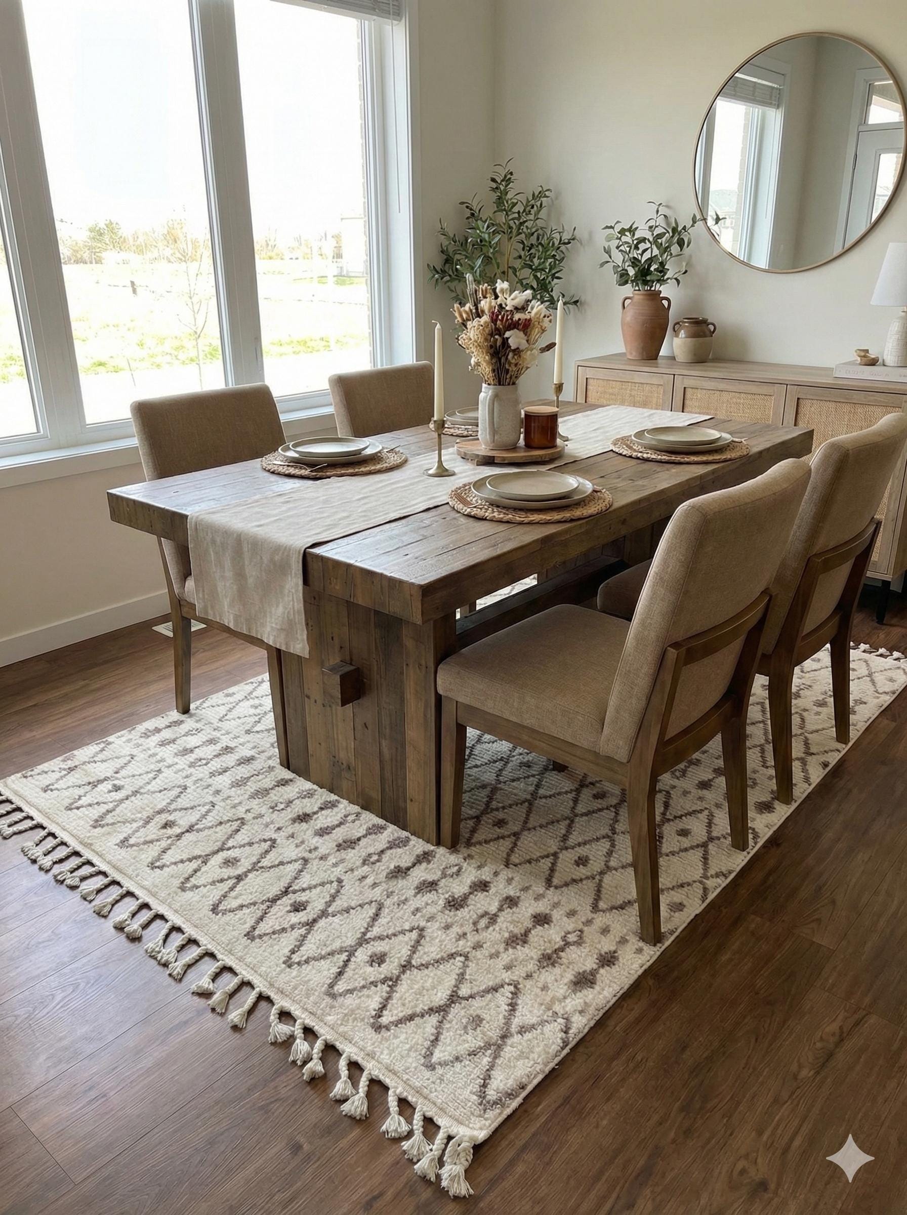 Cream Textured Geometric Carpet with Tassels, Minimalist Scandi Home Decor, Neutral Living Room Rug.