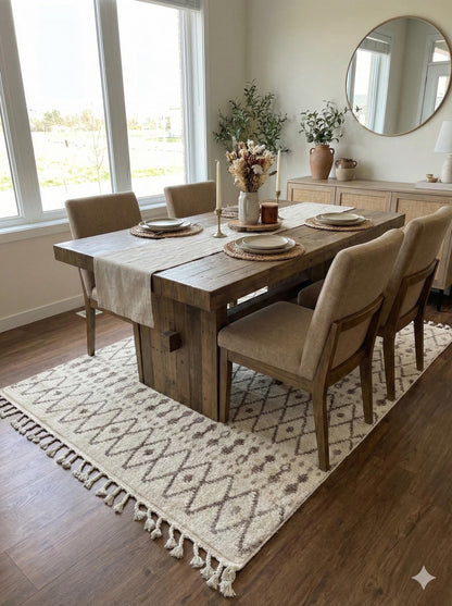 Cream Textured Geometric Carpet with Tassels, Minimalist Scandi Home Decor, Neutral Living Room Rug.
