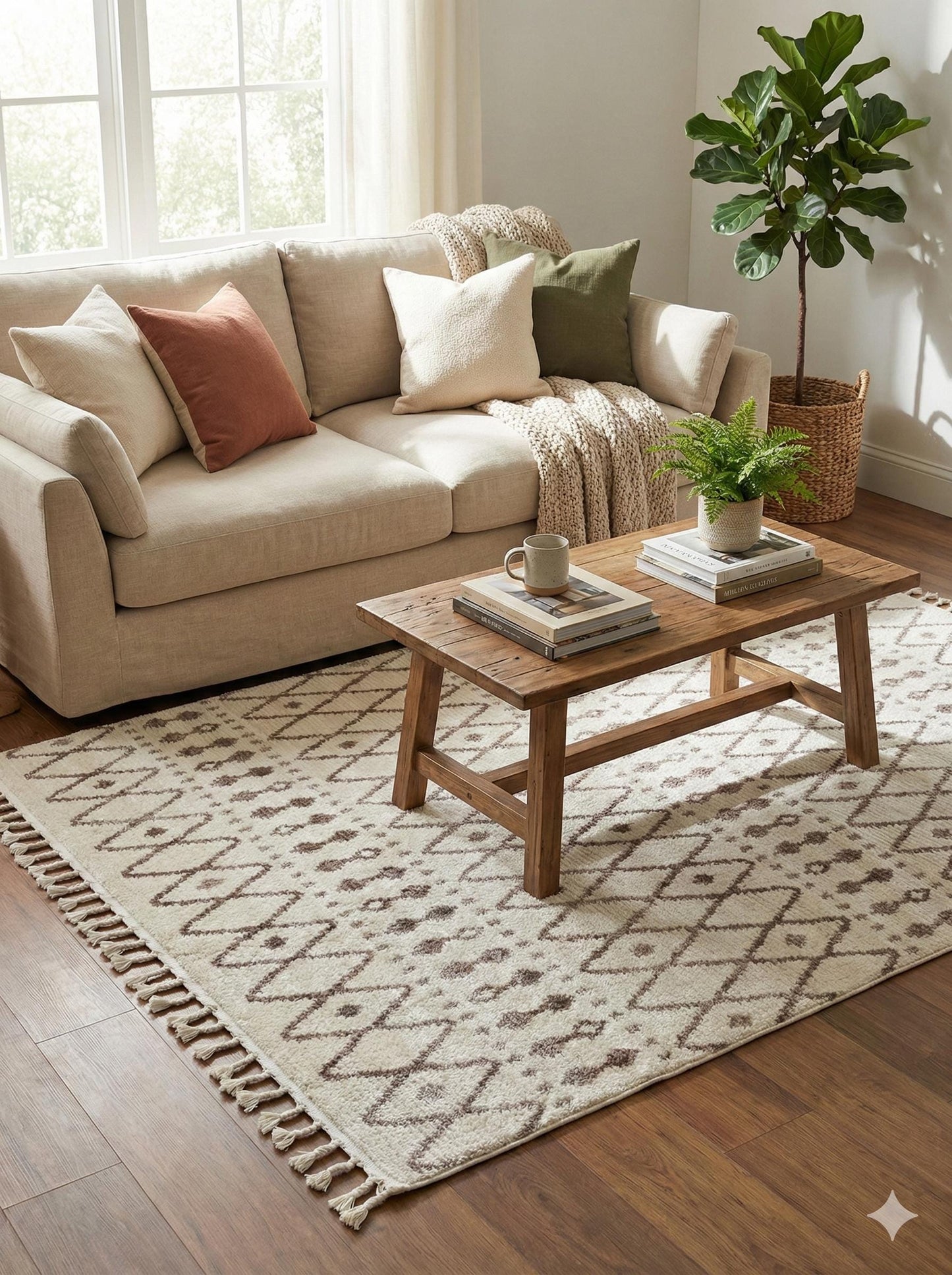 Cream Textured Geometric Carpet with Tassels, Minimalist Scandi Home Decor, Neutral Living Room Rug.