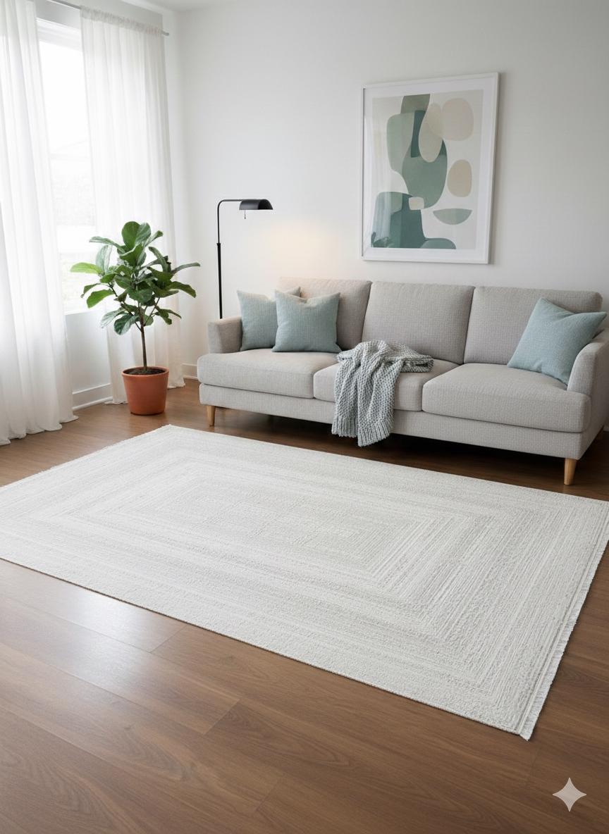 Modern White Texture Rug, 5x7 Cream Contemporary Area Carpet (160x230cm)