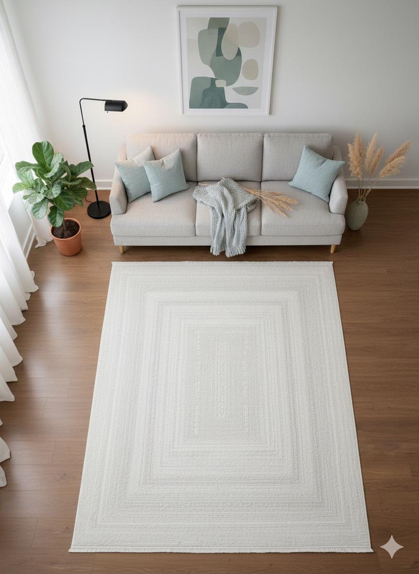 Modern White Texture Rug, 5x7 Cream Contemporary Area Carpet (160x230cm)