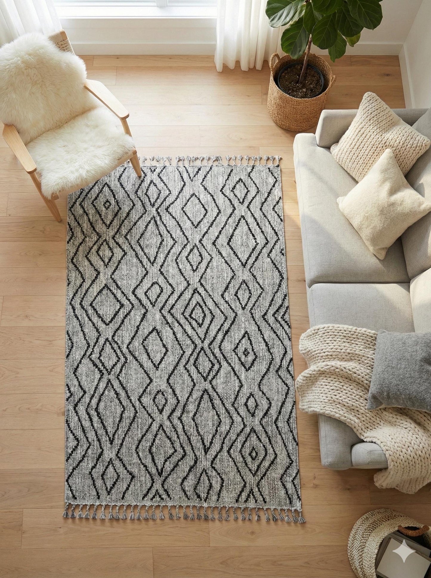 Gray Textured Geometric Carpet with Tassels, Minimalist Scandi Home Decor, Neutral Living Room Rug.
