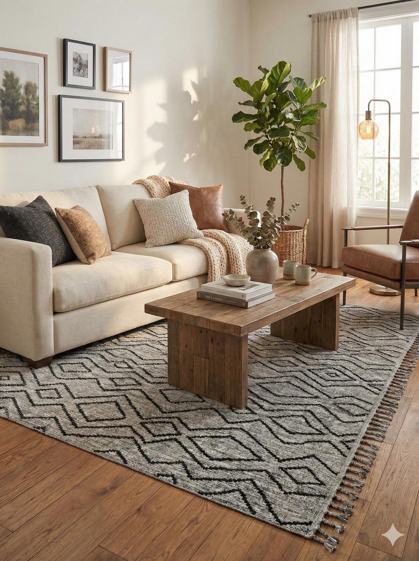 Gray Textured Geometric Carpet with Tassels, Minimalist Scandi Home Decor, Neutral Living Room Rug.